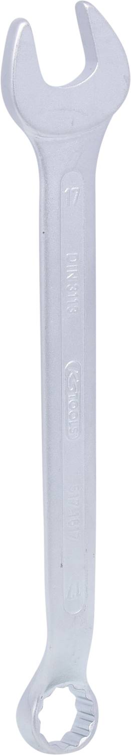 Ein silberner Schraubenschlüssel mit offenem und Ringschlüsselende auf weißem Hintergrund. Geeignet zum Anziehen von Muttern und Schrauben.