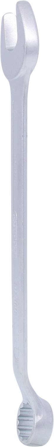 Ein silberner Doppelmaulschlüssel mit offenem Maul an einem Ende und Ringschluss am anderen Ende.