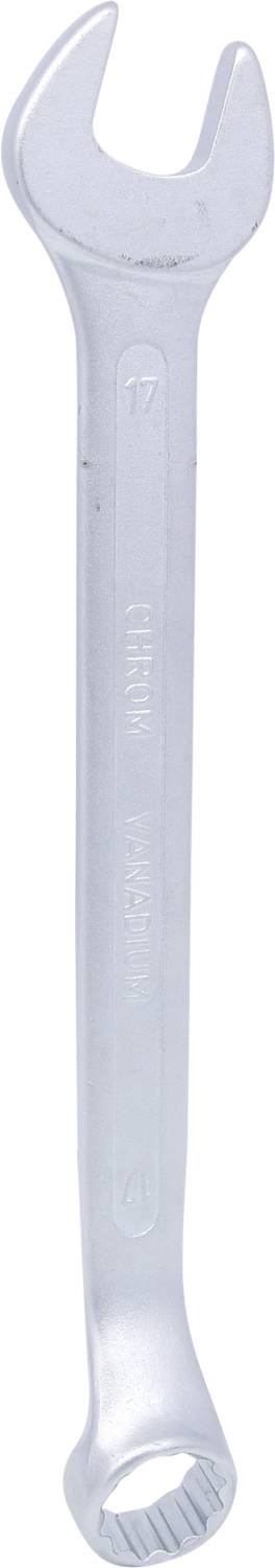 Ein silberner Maulschlüssel mit offener und geschlossener Seite zum Anziehen und Lösen von Schrauben und Muttern.