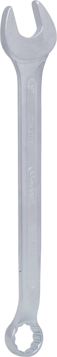 Ein silberner Schraubenschlüssel mit einem Ringschlüssel an einem Ende und einem Maulschlüssel am anderen Ende.