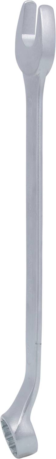 Ein silberner Doppelmaulschlüssel mit offenem Ende und gekröpftem Ring, geeignet für das Anziehen oder Lösen von Muttern und Schrauben.