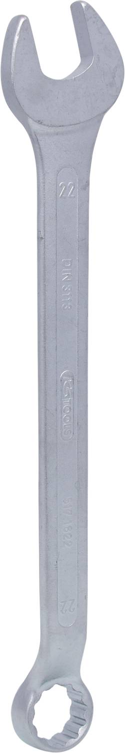 Ein silberner Schraubenschlüssel mit offenem Maul an einem Ende und einem Ringschlüssel am anderen Ende.