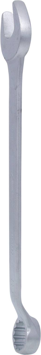 Ein silberfarbener Schraubenschlüssel mit offener und ringförmiger Seite, verwendet zum Anziehen oder Lösen von Muttern oder Schrauben.