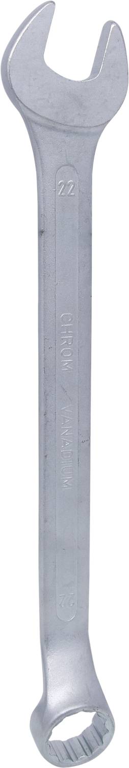 Ein silberner Maulschlüssel mit offener und geschlossener Seite, geeignet für die Arbeit mit Muttern und Schrauben in verschiedenen Größen.