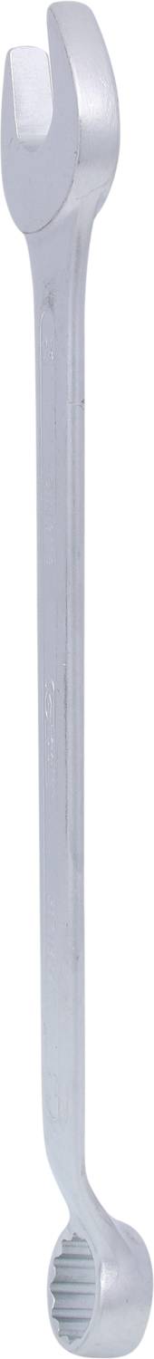 Ein silberner Doppelmaulschlüssel, der eine offene und eine geschlossene Maulseite hat, auf einem weißen Hintergrund.