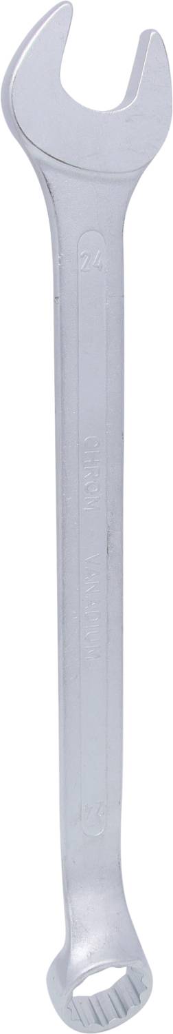 Ein silberner Schraubenschlüssel mit offenen und ringförmigen Enden zur Verwendung bei mechanischen Arbeiten.