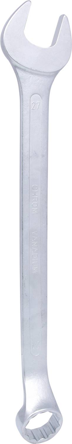 Ein metallener Schraubenschlüssel mit offenem Ende oben und einem Ring am anderen Ende.