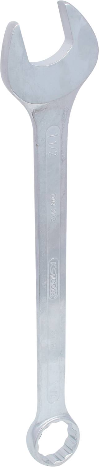 Ein silberner Schraubenschlüssel mit einem offenen Maul auf einer Seite und einem Ringschlüssel auf der anderen, vor einem weißen Hintergrund.