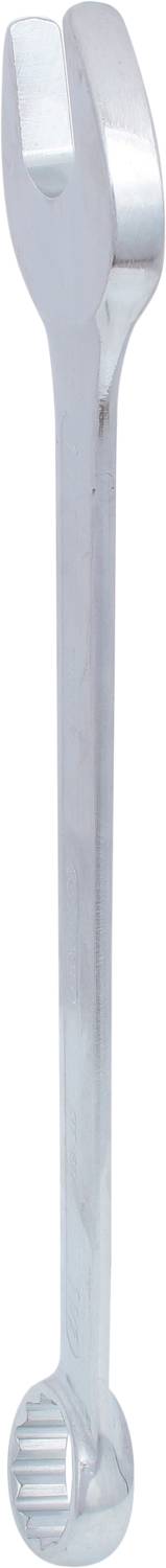 Ein silberfarbener Schraubenschlüssel vor weißem Hintergrund.