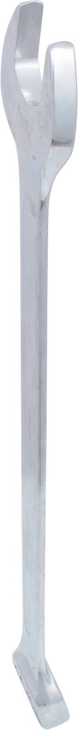 Großer silberner Schraubenschlüssel mit offener und geschlossener Seite, aufrecht stehend.