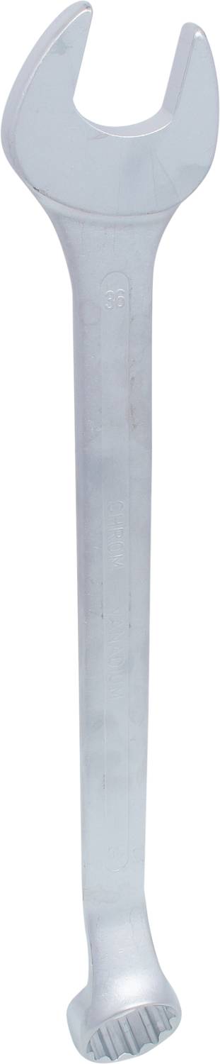 Ein silberner Schraubenschlüssel mit offener Maul- und Ringschlüssel-Seite, stehend in vertikaler Ausrichtung.