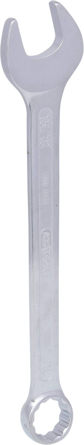 Ein silberner Schraubenschlüssel mit offenem und Ringschlüsselende. Verwendet zum Festziehen oder Lösen von Schrauben und Muttern.