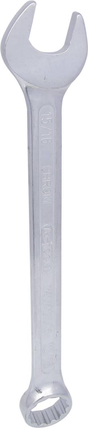 Ein silberner Schraubenschlüssel mit offenem und Ringende, geeignet zum Festziehen oder Lösen von Muttern und Schrauben.