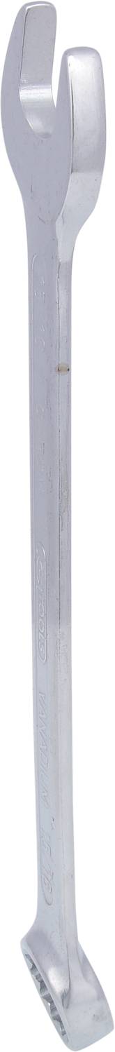 Ein silberner Schraubenschlüssel, ideal zum Lösen oder Anziehen von Muttern und Schrauben, mit einer offenen Maulöffnung an einem Ende.