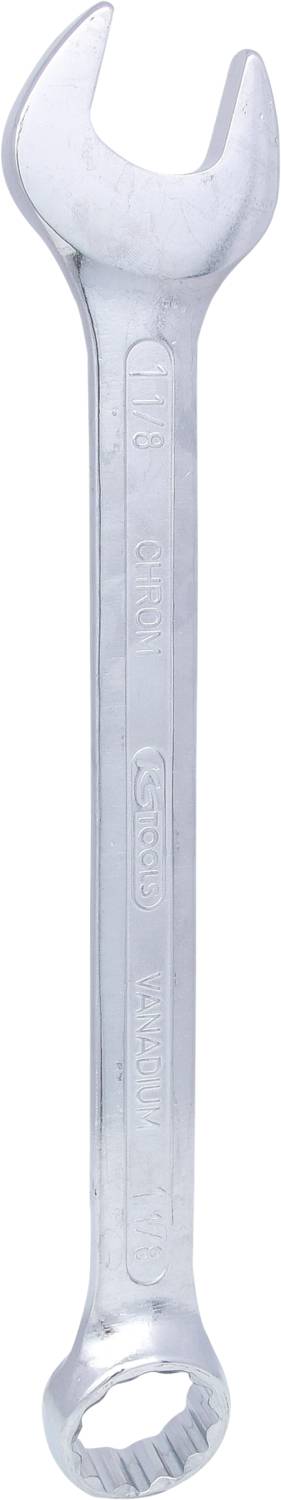 Ein silberner Schraubenschlüssel mit einem offenen und einem Ringschlüsselkopf, vertikal ausgerichtet.