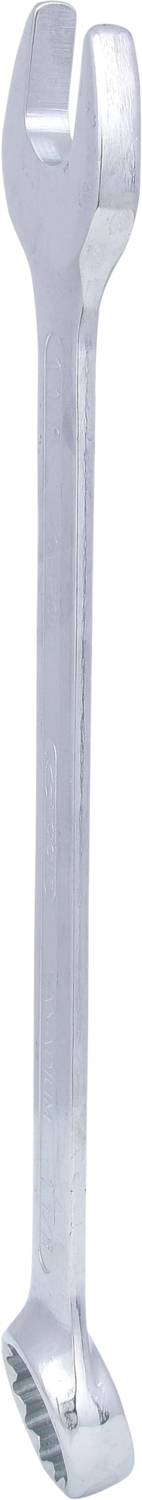 Ein silberner, verstellbarer Schraubenschlüssel mit einem geschlossenen und einem offenen Ende zur Bearbeitung unterschiedlicher Schraubengrößen.