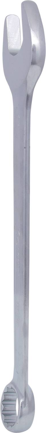 Ein silberner Doppelmaulschlüssel mit offenem Maul auf einer Seite und Ringschlüssel auf der anderen. Verwendet für Befestigungsarbeiten.