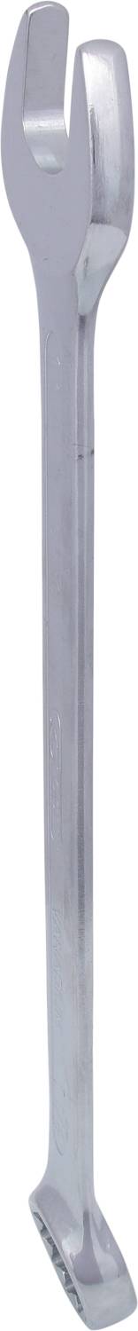 Ein silberfarbener Gabelschlüssel aus Metall, vertikal dargestellt, mit einer offenen Aussparung zum Schrauben.<br><br>