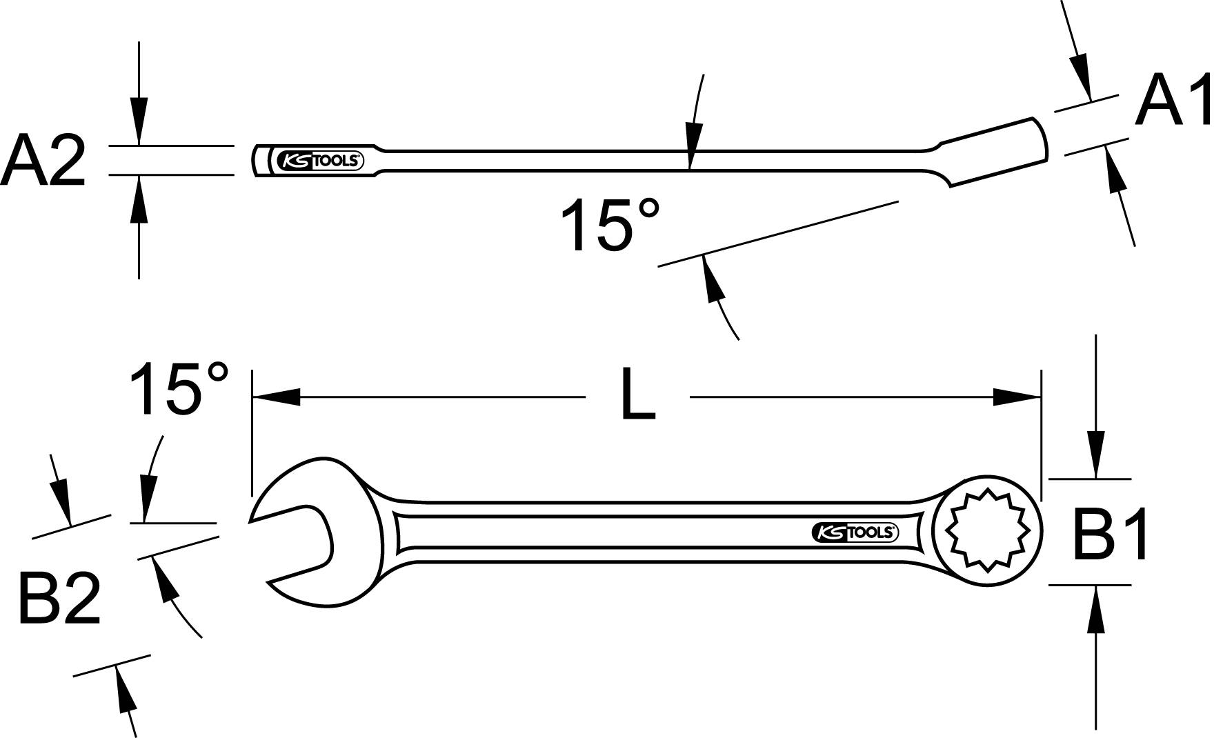 Kombinationsschlüssel-Diagramm zeigt Maße: A1, A2, B1, B2, L. Der obere Teil ist ein Schraubenzieher, darunter ein 15° abgewinkelter Ringschlüssel.