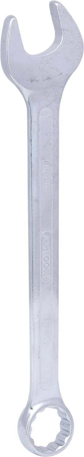 Ein silberner Doppelmaulschlüssel aus Metall, mit einem offenen Ende und einem Ringschlüsselende.