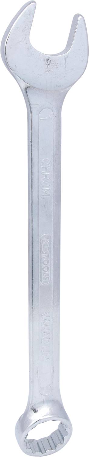 Ein silberner Schraubenschlüssel mit einer offenen und einer ringförmigen Seite, geeignet zum Festziehen oder Lösen von Muttern und Schrauben.