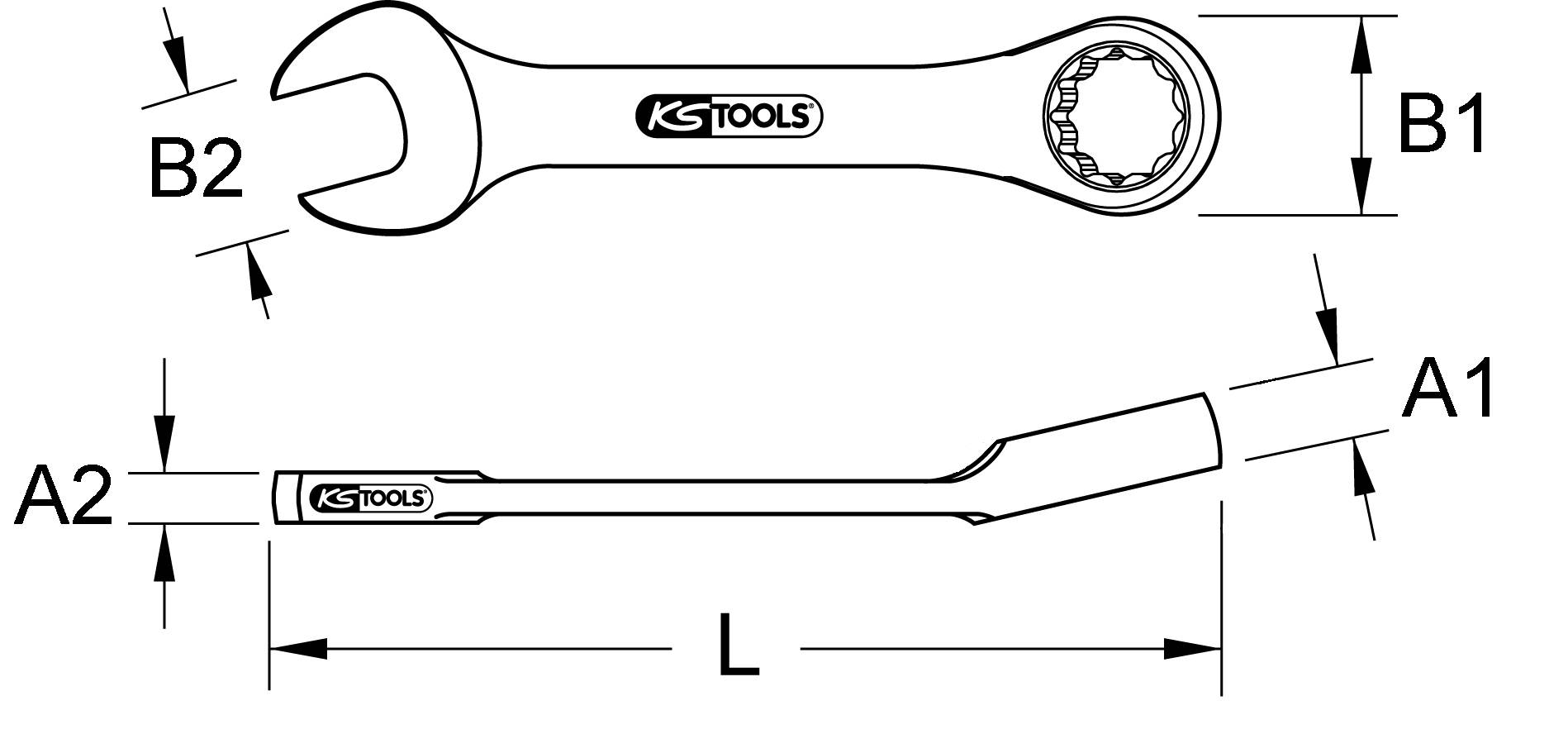 Abbildung eines Schraubenschlüssels von KS Tools; zeigt Maße B1, B2, A1, A2, L.