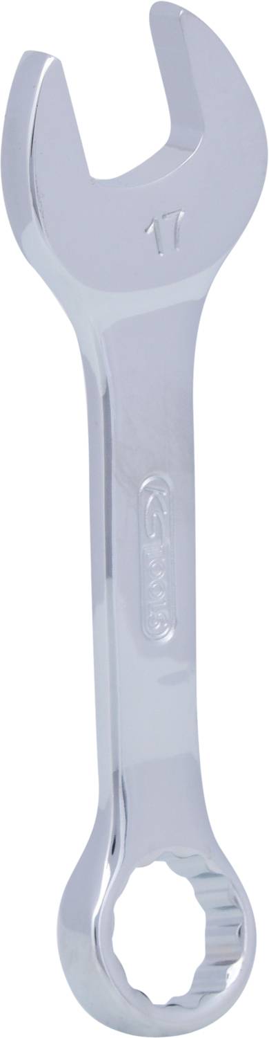 Ein silberner Schraubenschlüssel mit offenem Ende und Ringschlüssel, Größe 17. Geeignet zum Anziehen und Lösen von Muttern oder Schrauben.