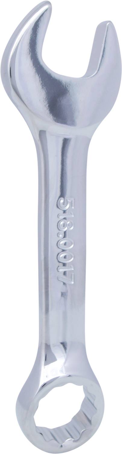 Ein silberner Schraubenschlüssel mit einer offenen und einer ringförmigen Seite.