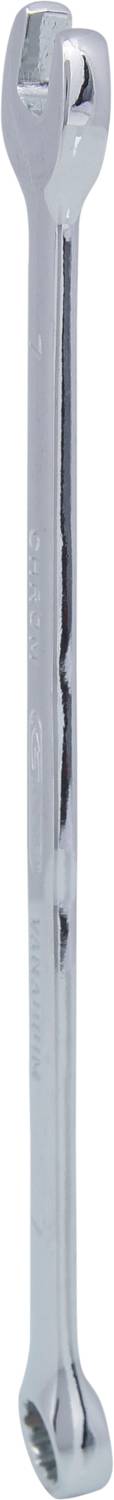 Ein silberner Maulschlüssel mit einem offenen und einem Ringschlüsselende. Das Werkzeug ist glänzend und aus Metall gefertigt.