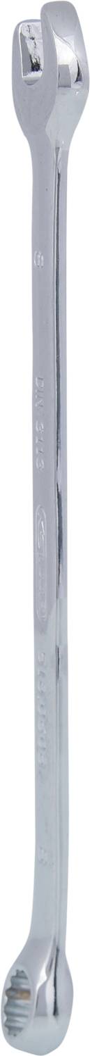 Ein silberner, doppelseitiger Schraubenschlüssel mit offenem und geschlossenem Ende, aufrechter Blick. Essentielles Werkzeug für Reparaturen.