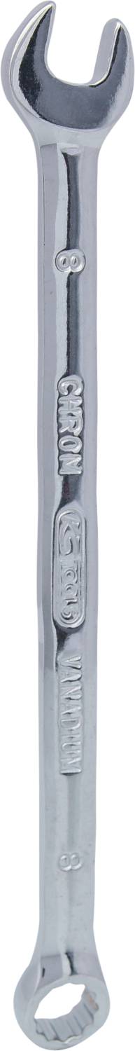 Ein silberner Schraubenschlüssel mit einer offenen und einer Ringseite. Geeignet zum Anziehen oder Lösen von Schrauben.