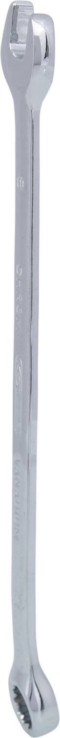 Ein verchromter Schraubenschlüssel mit einem offenen Ende und einem Ringschlüssel am anderen Ende, vertikal ausgerichtet.