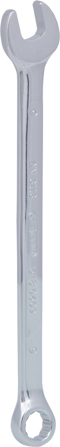 Ein silberner Schraubenschlüssel mit einem offenen und einem Ringschlüsselende, geeignet zum Anziehen oder Lösen von Schrauben und Muttern.