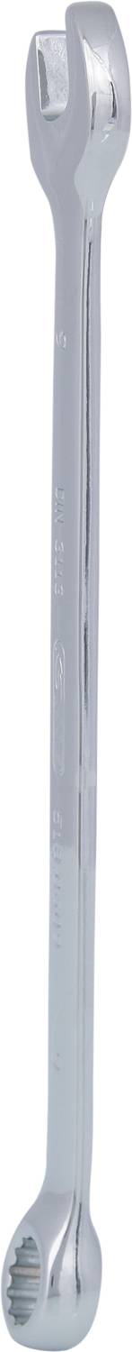 Ein verchromter Schraubenschlüssel mit offener und Ringseite, geeignet zum Anziehen oder Lösen von Schrauben und Muttern in der Mechanik.