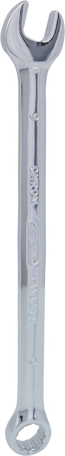 Schraubenschlüssel aus Metall mit offener und geschlossener Seite, aufrecht positioniert.