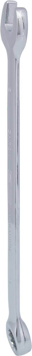 Ein silberner Maulschlüssel mit zwei unterschiedlich großen Öffnungen an den Enden, dient zum Lösen oder Anziehen von Schraubenmuttern.