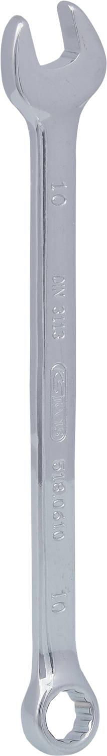 Ein silberner Schraubenschlüssel mit offenem Maul an einem Ende und Ringschlüssel am anderen, zur Befestigung von Schrauben.