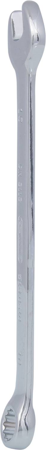 Ein silberner, doppelendiger Ringschlüssel mit einer offenen und einer geschlossenen Sechskantöffnung, in vertikaler Ausrichtung.