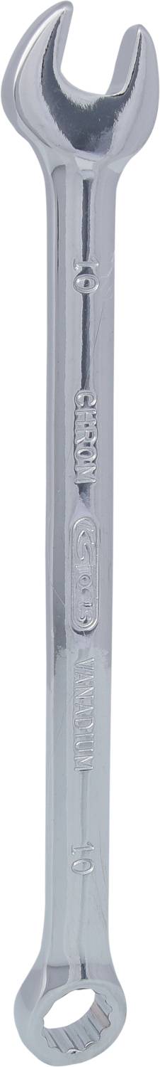 Ein silberner Schraubenschlüssel mit einer offenen und einer Ringseite; verwendet zum Festziehen oder Lösen von Muttern und Schrauben.