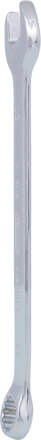 Ein silberner Ringschlüssel mit einem offenen Ende und einem geschlossenen Ringschlüsselende, verwendet zum Anziehen oder Lösen von Muttern und Schrauben.