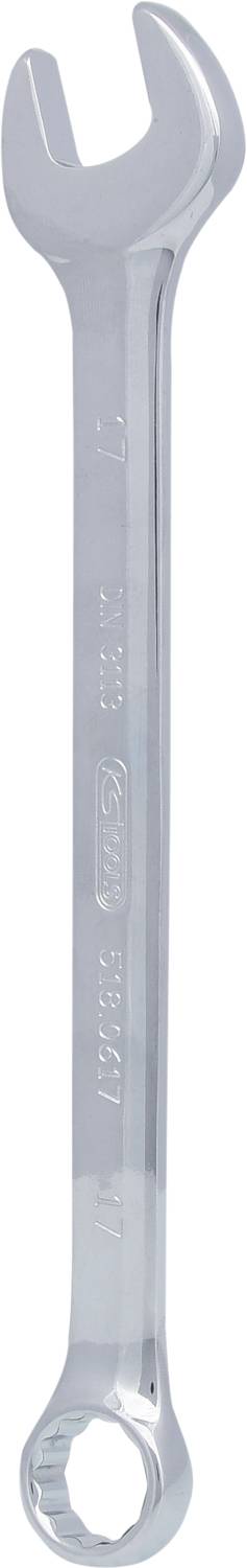 Ein silberner Schraubenschlüssel mit einer offenen und einer Ringseite, Hauptwerkzeug zum Festziehen von Schrauben und Muttern.