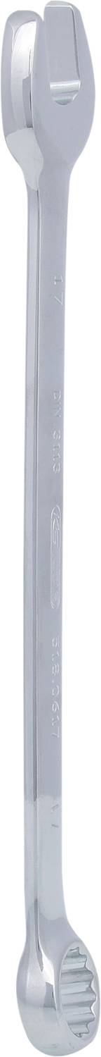 Ein silberner Schraubenschlüssel mit offenem und Ringschlüsselende, für unterschiedliche Schraubengrößen geeignet.