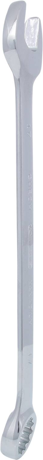 Ein verchromter Doppelmaulschlüssel mit offenen Enden, verwendet zum Anziehen oder Lösen von Sechskant- und Vierkantschrauben.