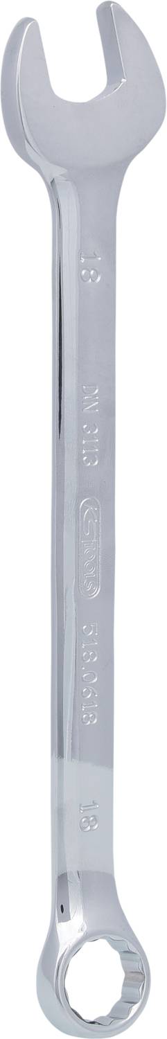 Ein silberner, offener Ringschlüssel mit zwei Enden; das eine Ende hat einen offenen Maulschlüssel, das andere einen Ringschlüssel.