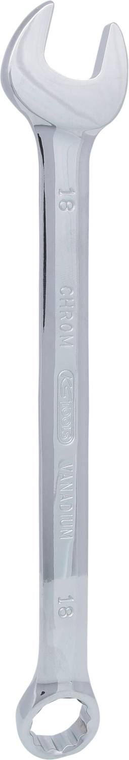 Ein silberner Schraubenschlüssel mit einem offenen und einem geschlossenen Ende, für die Größe 18 mm. Werkzeug für Handwerksarbeiten.