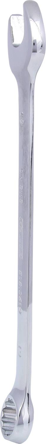 Ein silberner Ringschlüssel mit offener und geschlossener Seite, typisch für den Einsatz in mechanischen Arbeiten und zur Befestigung von Muttern und Schrauben.
