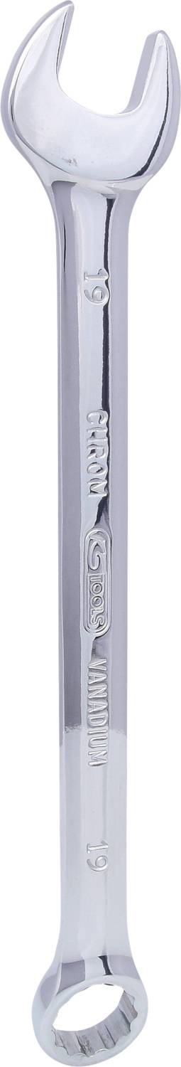 Ein silberner Schraubenschlüssel mit einer offenen und einer geschlossenen Maulseite, benutzt für die Wartung von Schraubverbindungen.