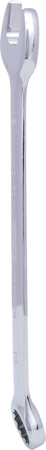 Ein silberner Maulschlüssel, vertikal ausgerichtet, zeigt den offenen Maulbereich nach oben, auf weißem Hintergrund.