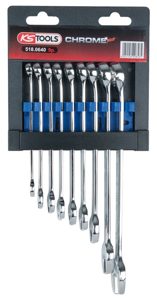 'Chrom-Plus'-Ringmaulschlüssel-Set, 9-teilig, von KS Tools, präsentiert in einer blauen Halterung, metallisch glänzend.