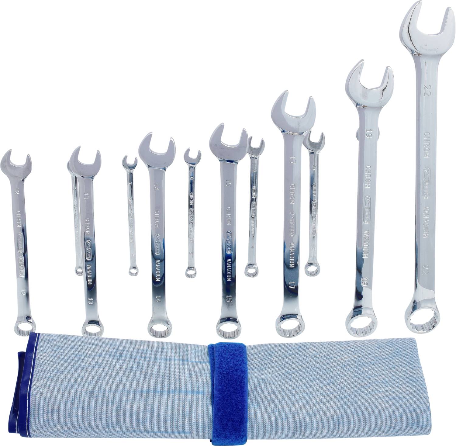 Ein Set aus zehn Schraubenschlüsseln in verschiedenen Größen steht hinter einem zusammengerollten, blauen Tuch.